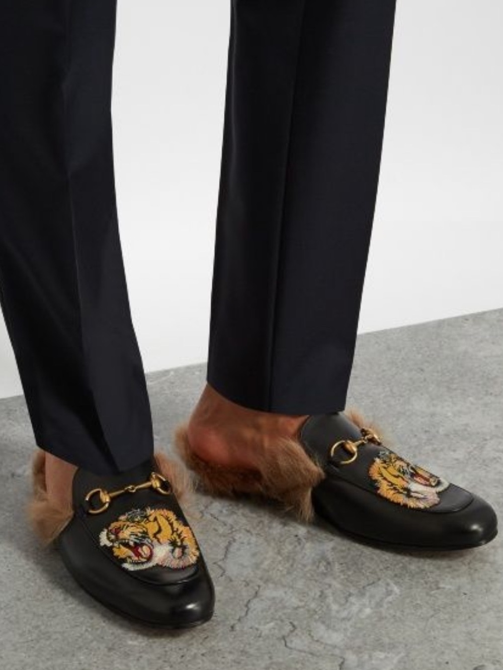 GUCCI Black Princetown Tiger Embroidered Fur Mules